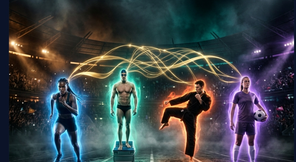 Athletes from different sports connected by light
